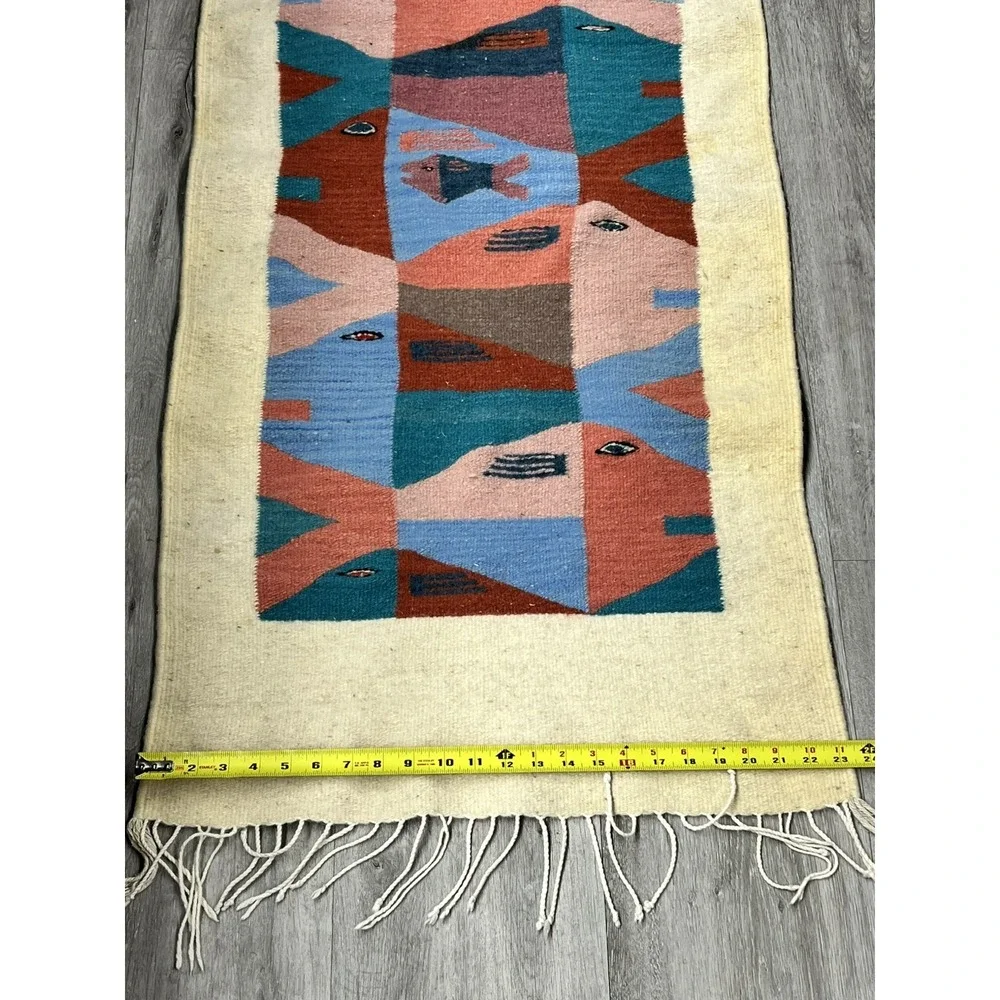 Vintage Zapotec Oaxacan Fringed Mexican Wool Rug Fish Stories Rug 58 X 23.5